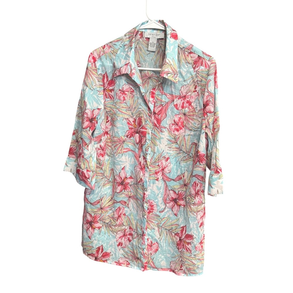 Paraphrase Woman 1X Cotton Floral Hibiscus Tropical Button Up Shirt Blue Pink